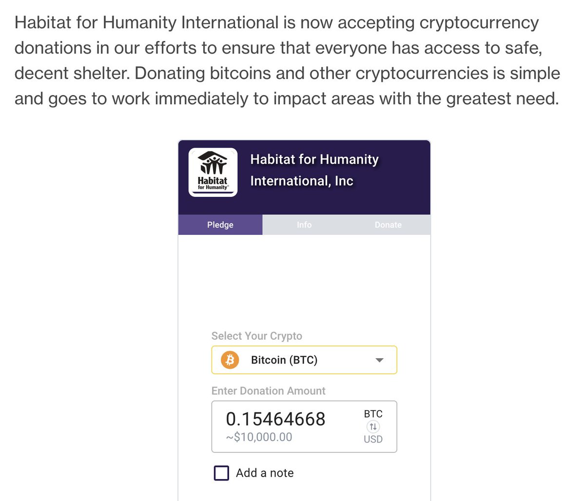 JUST IN: Large nonprofit org that helps families build homes, Habitat for  Humanity, now accepts #Bitcoin donations 🙌