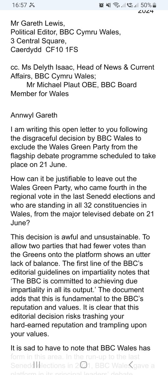 WalesGreenParty's tweet image. ❗ BBC Wales has excluded us from Friday's election debate - while giving Reform a platform.

We've just sent this letter to decision-makers at the BBC.

SHARE this everywhere to let them know you want them to #InviteTheGreens
