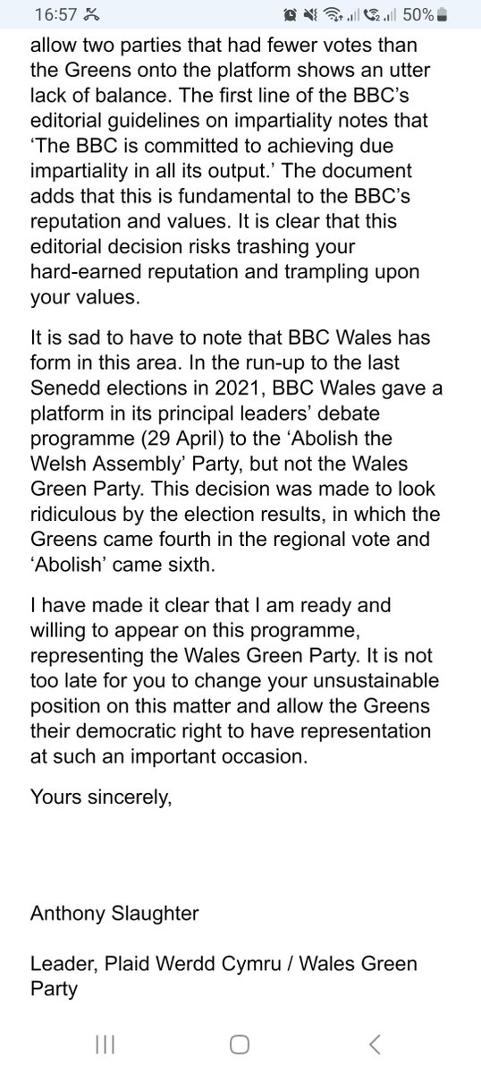 WalesGreenParty's tweet image. ❗ BBC Wales has excluded us from Friday's election debate - while giving Reform a platform.

We've just sent this letter to decision-makers at the BBC.

SHARE this everywhere to let them know you want them to #InviteTheGreens