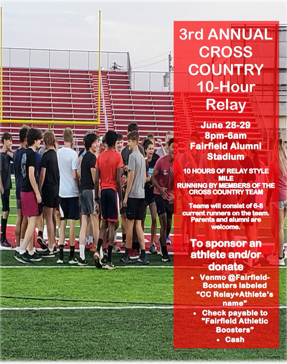 Reach out to an athlete or coach and help us raise money for camp. You are also welcome to watch, cheer us on, or join us for a lap at the track that evening! Thank you for your support! <a href="/fcsdathletics/">Aaron Blankenship</a> <a href="/IndiansBoosters/">Fairfield Boosters</a>