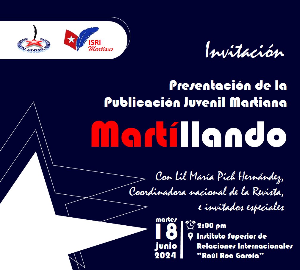 ES HOY!!!!

Los esperamos para juntos ser protagonistas de un Movimiento que sea capaz de crear y soñar la Cuba de hoy que queremos, de la mano de Martí y Fidel 
#IsriMartiano
#MartiVive
#DeCaraAlSol