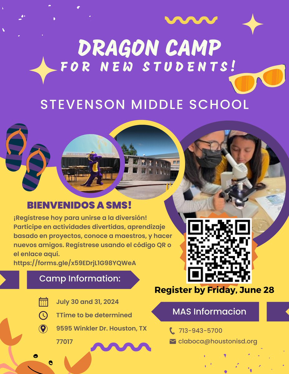 🎉 Exciting News! 🎉

<a href="/WIStevensonMS/">Stevenson Dragons</a> is hosting Dragon Camp on July 30th &amp; 31st! 🐉 Join us for 2⃣days of fun activities, new friendships, and unforgettable memories. Don't miss out!
📅 Dates: July 30th &amp; 31st
⏰ Register by: July 28th
📲 Scan the QR code 2⃣register now!