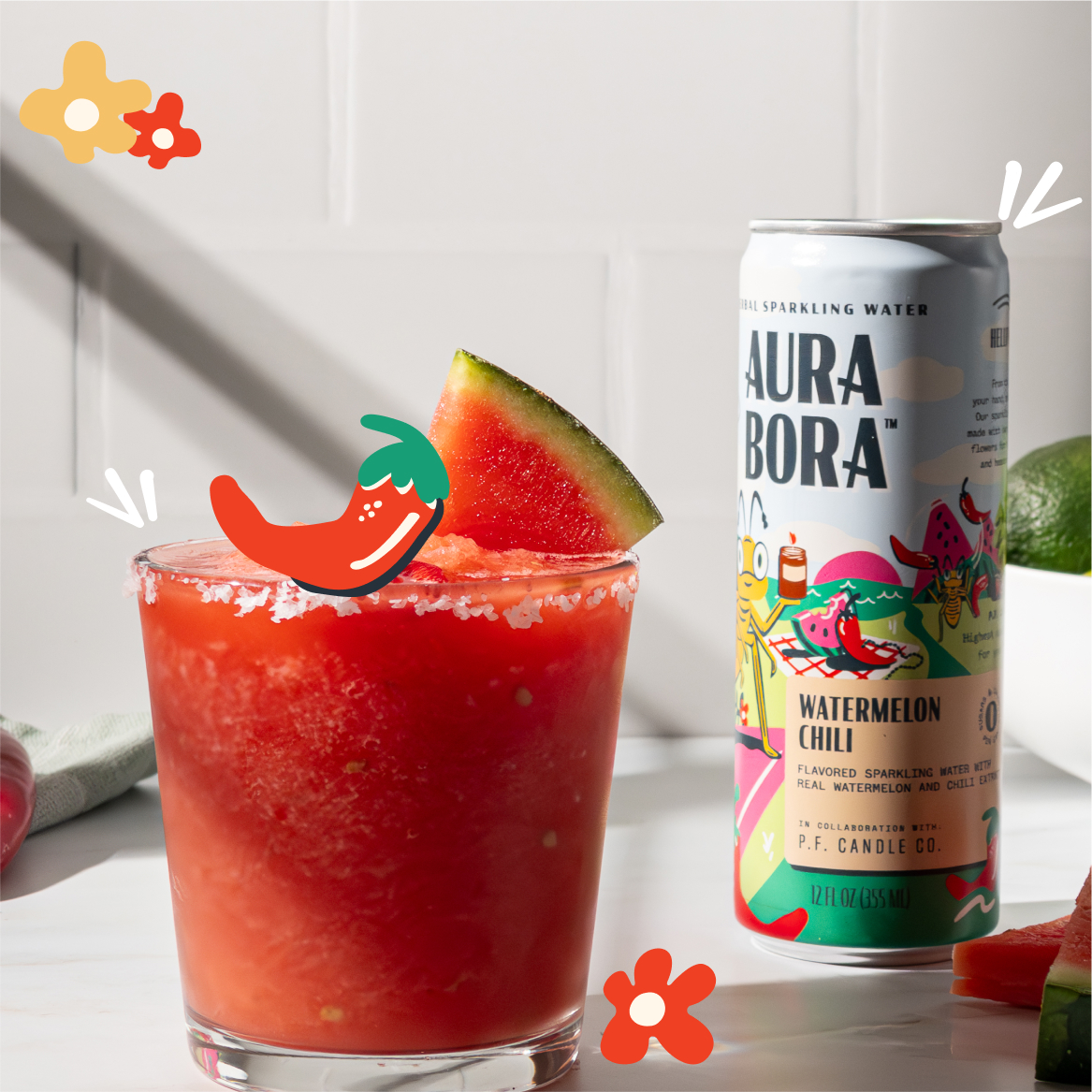 HAPPY WATERMELON CHILI DAY! 🌶️ 🍉

Watermelon Chili was made in partnership with our friends over at <a href="/pfcandleco/">P.F. Candle Co.</a>!!  It is inspired by their summer scent Watermelon &amp; Chili and also all of your pleading and protests for candle-tasting drinks. aurabora.com/products/water…