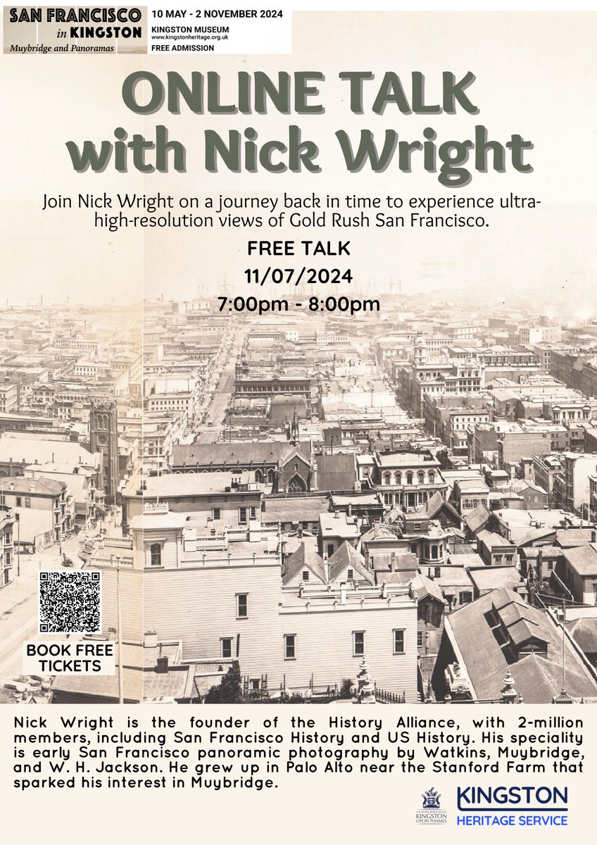 RBKheritage's tweet image. Join Nick who will be delivering this talk from America and journey back in time to experience the high-resolution views of the Gold Rush San Francisco!

Booking link in the comment below for free tickets

#muybridge #kingstonuponthames #freetalks #museum #photography