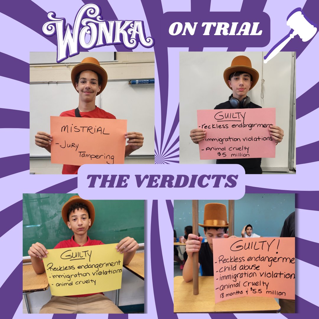 The Wonka verdicts are in! 👩‍⚖️
Period 1- Mistrial!
Period 2-GUILTY
Period 5-GUILTY
Period 7-GUILTY
A round of applause to Mrs. Rack and her students for putting on an incredible mock trial experience! 👏 #rahwayrocks
