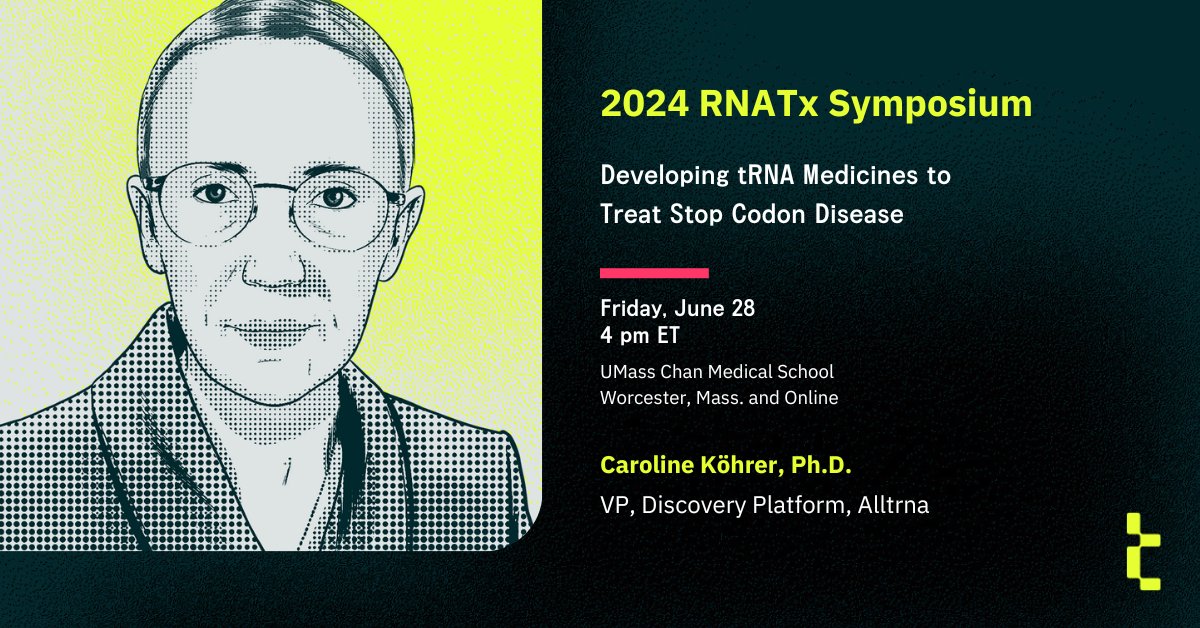 alltrna's tweet photo. 🧬 RNA Therapeutics, from Concept to Clinic

Our VP, Discovery Platform, Caroline Köhrer, will be speaking at #RNATx2024 next week and sharing how Alltrna is developing #tRNA medicines for #StopCodonDisease.

Register to attend virtually: https://t.co/3o1e1xjgYf https://t.co/0aWbGrCpUj