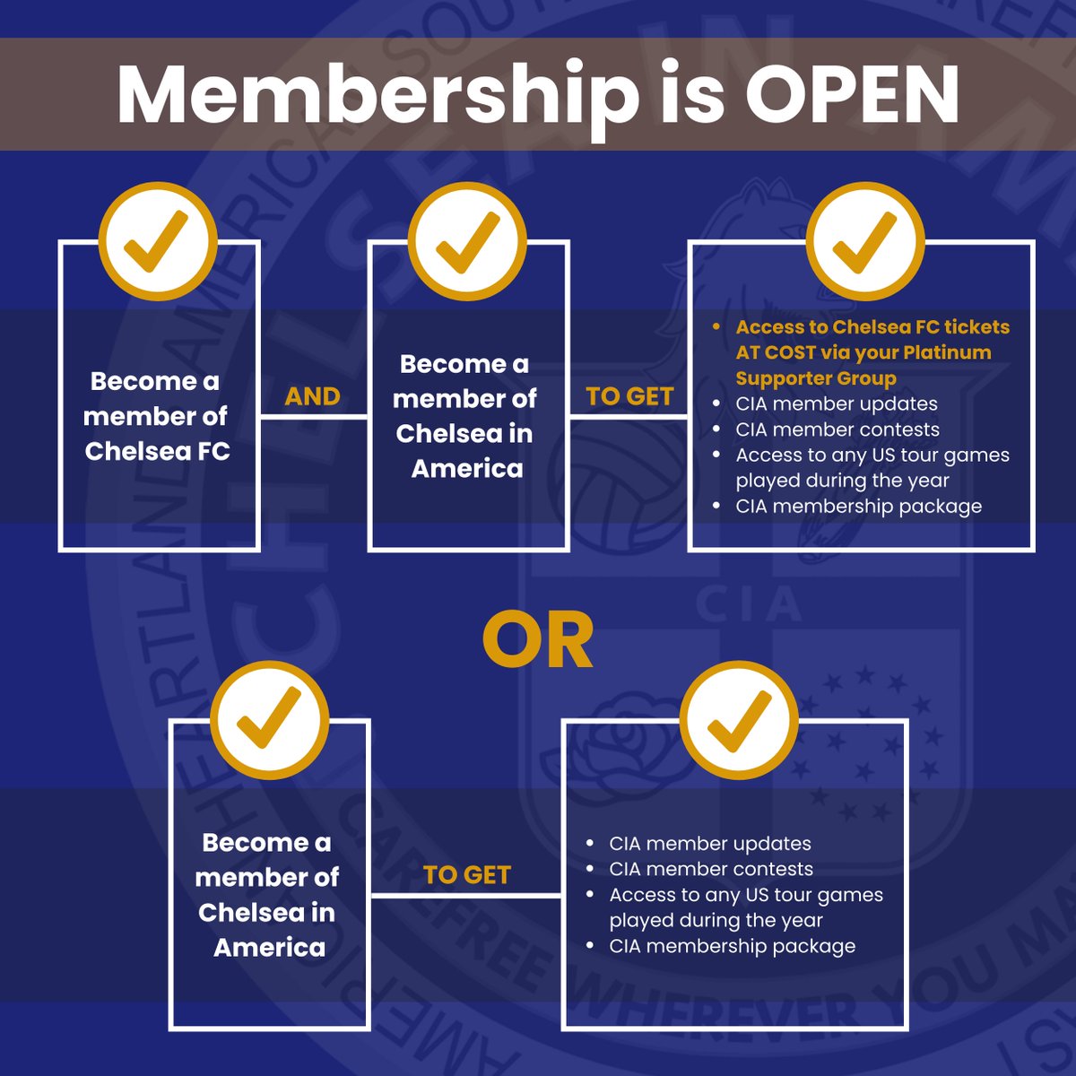 🚨MEMBERSHIP IS OPEN🚨
✍️ Sign up for Chelsea in America today!
🤝 Pair it with Chelsea FC ticketing for max benefits!

5️⃣ Get 5 bonus loyalty points with CFC by registering before July 19.
🔁 Renewing CiA members recieve discounted prices through July 15.

More info in bio!
