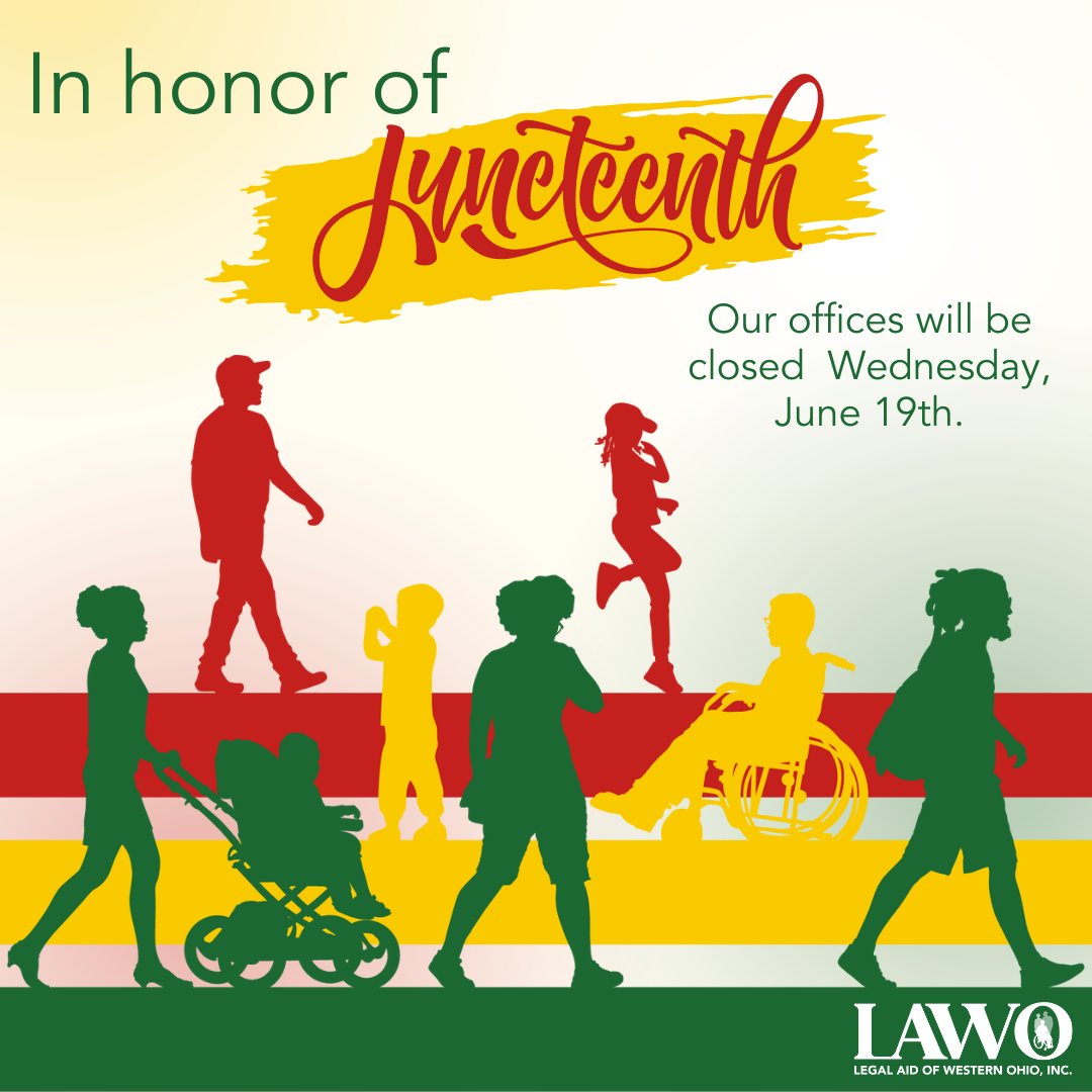 In honor of the Juneteenth holiday, all LAWO offices will be closed tomorrow, Wednesday, June 19th. We'd like to take this time to encourage our staff and community members to reflect, rejoice, and commemorate the day slavery ended for all Black Americans.