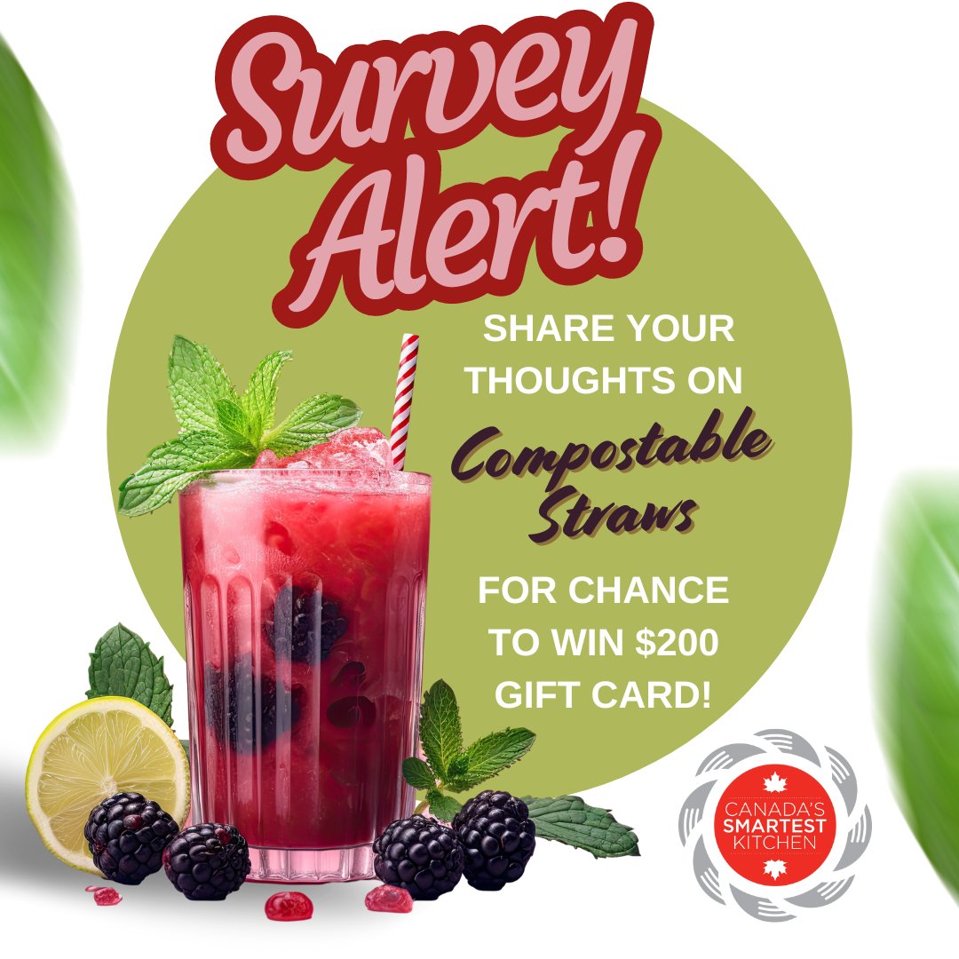 smartestkitchen's tweet photo. Survey Time! There's just a few days left for our Compostable Straw #Research #Survey, open to anyone in North America: please get your feedback in now at the link! You could win a $200 #GiftCard 😊💚🙏🥤 #WeKnowFood #SurveySays 🔗➡️ https://t.co/WCTzWe5RaE https://t.co/x1wnLyoN3L