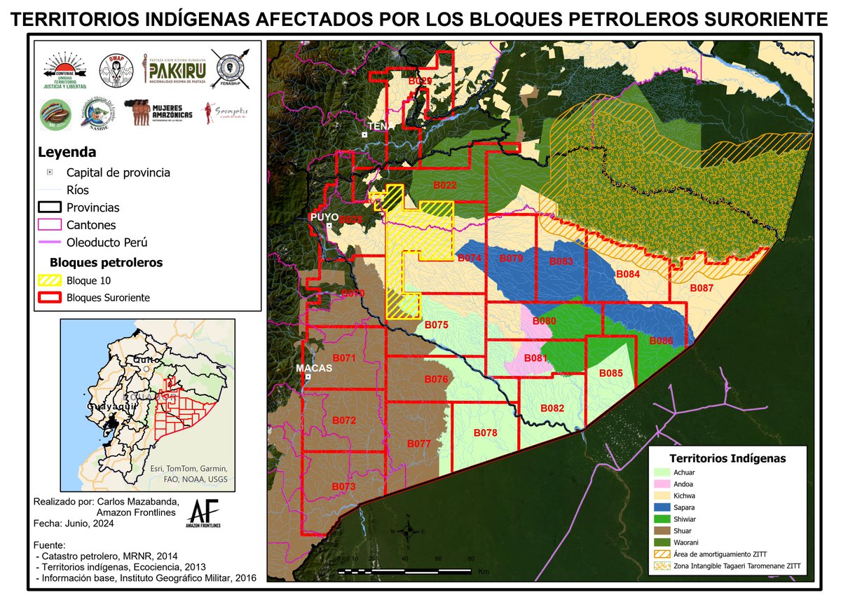 Nacionalidades indígenas de la #Amazonía ecuatoriana expresan rechazo al intento de ampliar la frontera petrolera.

3,5 millones de has. de bosque amazónico están en riesgo. El 91%  de esta superficie corresponde a territorios indígenas.

Conoce más 👇
amazonfrontlines.org/es/chronicles/…