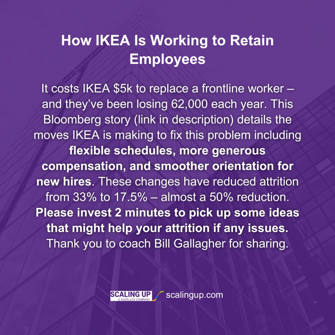 agilescaleup's tweet photo. How IKEA Is Working to Retain Employees

Please invest 2 minutes to pick up some ideas that might help your attrition if any issues. Thank you to coach @billgall for sharing.
📲 https://t.co/jg6v7fnfmX

#scalingup #entrepreneurship #businessgrowth #businessstrategy #businesscoach https://t.co/zDGse2IvGh