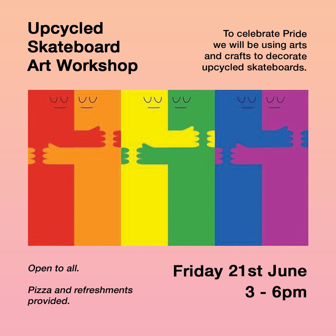 As many of you will know, it is currently Pride month!

To celebrate, we are running an art workshop this Friday 21st June. We will be using old boards as a canvas for painting and stenciling.

There is no need to book, so stop by and get involved! 

Everyone welcome 💕