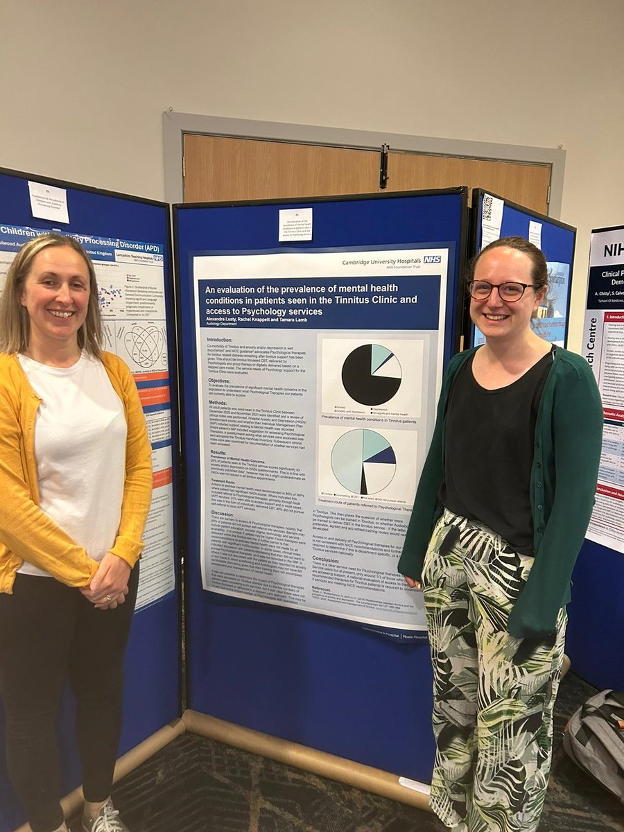 Another poster at #BSA2024! Huge congratulations to Aly, Rachel and Tamara for their work on mental health in tinnitus patients 👂🔔

#audiology #audpeeps
<a href="/CUH_NHS/">Cambridge University Hospitals NHS</a> <a href="/BSAudiology1/">British Society of Audiology</a>