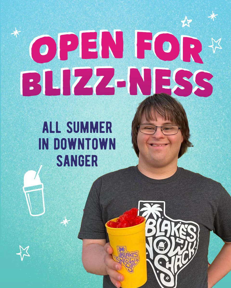 Snow cone season is here, and were here for it this summer in Downtown Sanger! Come hang out with the coolest kids every afternoon from 3–8 p.m. (and 3–6 on Wednesdays) for a frosty treat from Blake and the crew!
