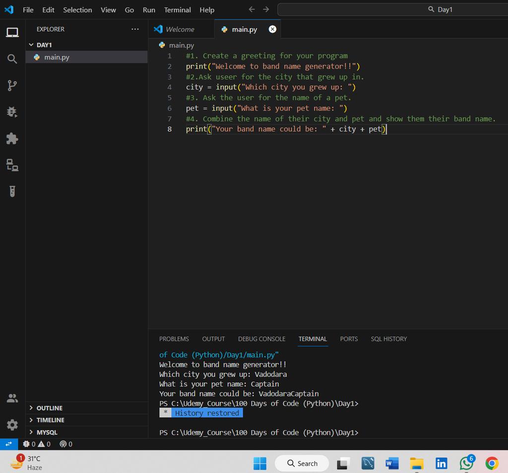 chingkhei_X's tweet photo. 🚀 Day 1 of #100DaysOfPython Challenge! 🚀 | Band Name Generator
Kicking off my journey to master Python, starting with the basics. Today, I dived into variables, data types, and simple operations. Excited to see where this path leads and to connect with fellow Python enthusiast https://t.co/vnKijiAi2t