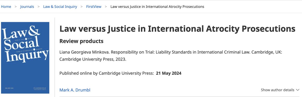 Law & Social Inquiry (@lsi_journal) on Twitter photo What to do when justice is impeded by punctilious application of law? Mark Drumbl (<a href="/wlulaw/">W&L Law School</a>) addresses this question in a review of <a href="/LianaMinkova/">Liana Minkova</a>'s Responsibility on Trial (<a href="/CUP_Law/">Cambridge University Press - Law</a>), introducing systemic solutions to impunity in international atrocities. bit.ly/4c2AiDH What to do when justice is impeded by punctilious application of law? Mark Drumbl (<a href="/wlulaw/">W&L Law School</a>) addresses this question in a review of <a href="/LianaMinkova/">Liana Minkova</a>'s Responsibility on Trial (<a href="/CUP_Law/">Cambridge University Press - Law</a>), introducing systemic solutions to impunity in international atrocities. bit.ly/4c2AiDH