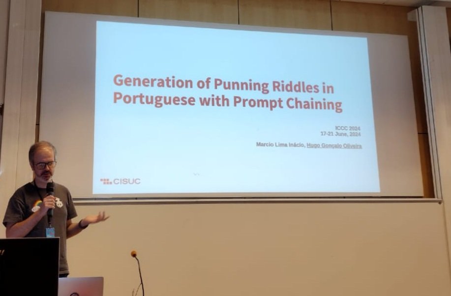 hgoliv's tweet image. Presenting @limma_'s work "Generation of Punning Riddles in Portuguese with Prompt Chaining" at @iccc_conf in Jönköping, Sweden 🇸🇪 #iccc24 #ComputationalCreativity #NLProc