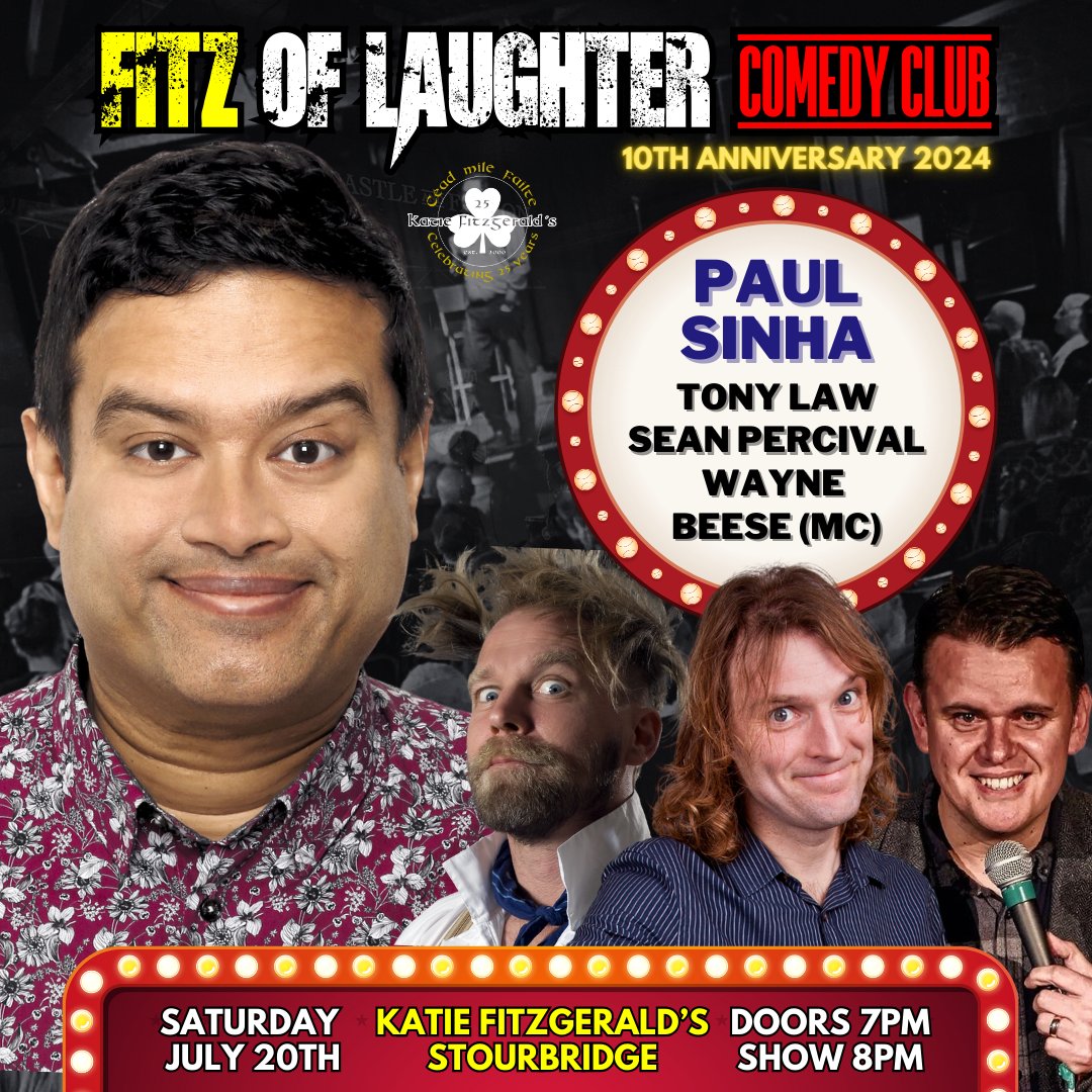STOURBRIDGE: JUST ANNOUNCED &amp; ON SALE NOW!

We're delighted to announce PAUL SINHA will be returning to one of his favourite venues next month!

The TV Chaser heads a top bill featuring <a href="/mrTonyLaw/">TONY Law</a> &amp; Sean Percival, with <a href="/WaynoBeese/">Wayne Beese</a> as MC.

funnybeeseness.co.uk <a href="/paulybengali/">Paul Sinha</a>