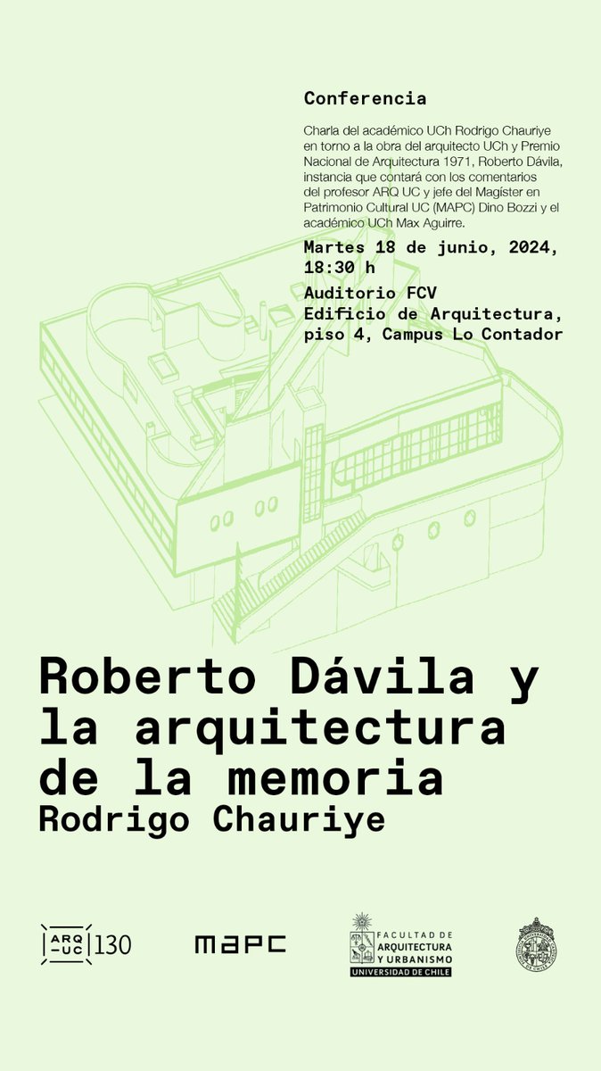 Hoy!

***

JUN 18 | 18:30 h 
Conferencia Rodrigo Chauriye 

arquitectura.uc.cl/extension/agen…