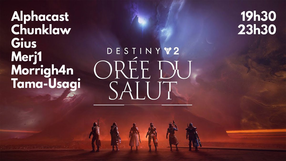 A 19h je pars avec 11 potos tester l'activité à 12 en GM et  à 19h30 ça part sur le fameux raid Orée du Salut de la Forme Finale avec : <a href="/AlphaCastFR/">AlphaCast</a> <a href="/Chunklaw/">Chunklaw</a>  <a href="/GiusTV/">Gius</a> <a href="/merj1gaming/">Germain "merj1" Lacombe - New Era Coming Soon ...</a>  <a href="/TamaUsagi6/">Tama-Usagi</a> 
Amenez le popcorn et vos spectres ! #destiny
Et parait même que y'aura quelques