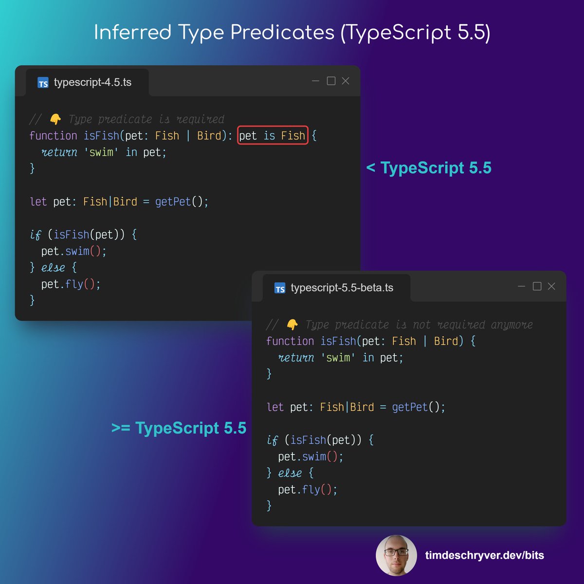 tim_deschryver's tweet photo. 💡Tuesday Bit: Inferred Type Predicates

Check out my blog for more info 👇

https://t.co/cY0O9iun3j

#TypeScript #TuesdayBit https://t.co/gLSPrqp4hH