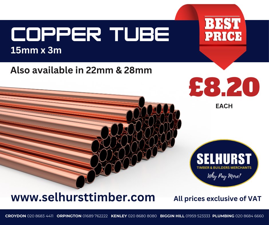 Low prices on high quality Copper Tube!
15mm x 3m now just £8.20 each
Also available in 22mm x 3m &amp; 28mm x 3m

selhursttimber.com
#building #timber #tradecounter #Croydon #Orpington #Kenley #BigginHill