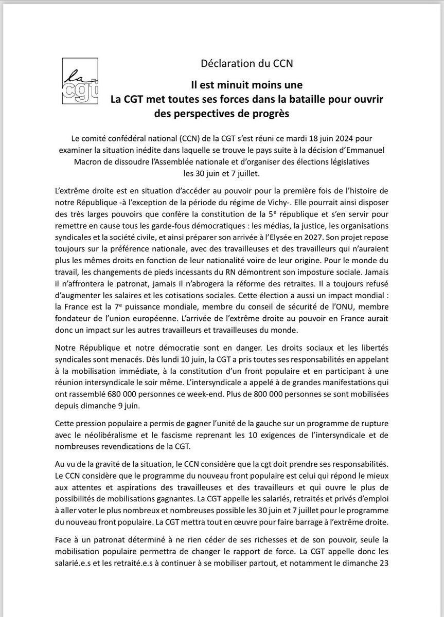 Portes_Thomas's tweet photo. La CGT appelle à voter pour le Nouveau Front Populaire. Décision historique. https://t.co/RrHX3OM3H6