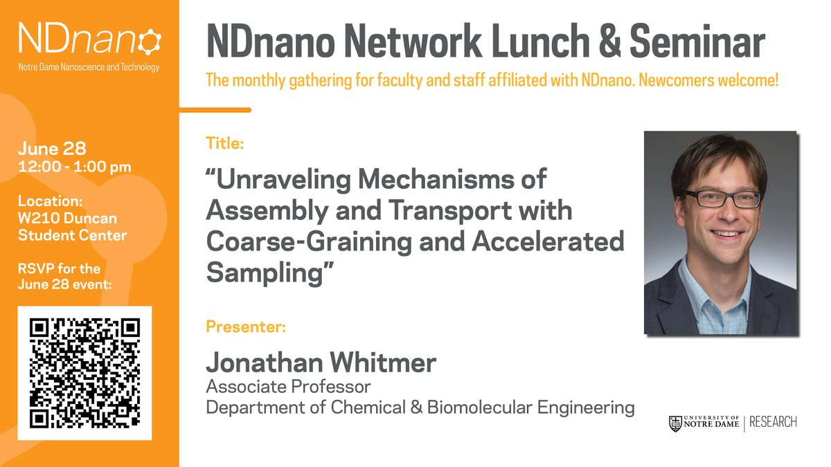 Join <a href="/NDnano/">NDnano</a> on June 28th for <a href="/jonathanwhitmer/">Jonathan K. Whitmer</a>'s overview of efforts to unravel assembly and transport mechanisms in polymer-based materials using advanced sampling algorithms. Register here: docs.google.com/forms/d/e/1FAI…