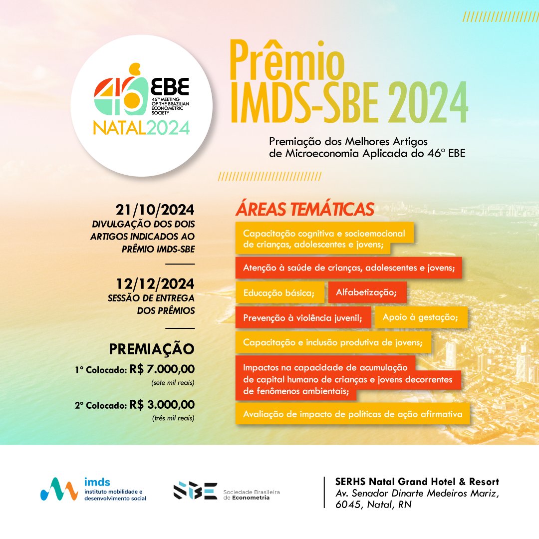 🎉 A parceria IMDS-SBE está mais forte do que nunca!

🏆 Não perca a chance de participar do Prêmio IMDS-SBE. Envie seu artigo sobre Microeconomia Aplicada e áreas afins.

🍀 Boa sorte a todos os participantes! 

📎Link: 46ebe.sbe.org.br/submission/ind…… 

#Econometria #46EBE2024