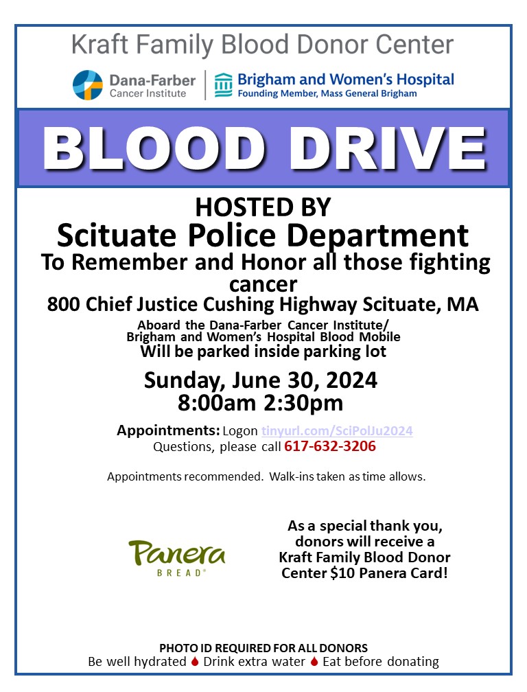Blood Donors are the lifeline to our local community patients.  Help replenish our hospital blood supply by donating blood today.  Our bloodmobile will be going to Scituate, Sunday, June 30, 2024.  Please make an appointment  today.