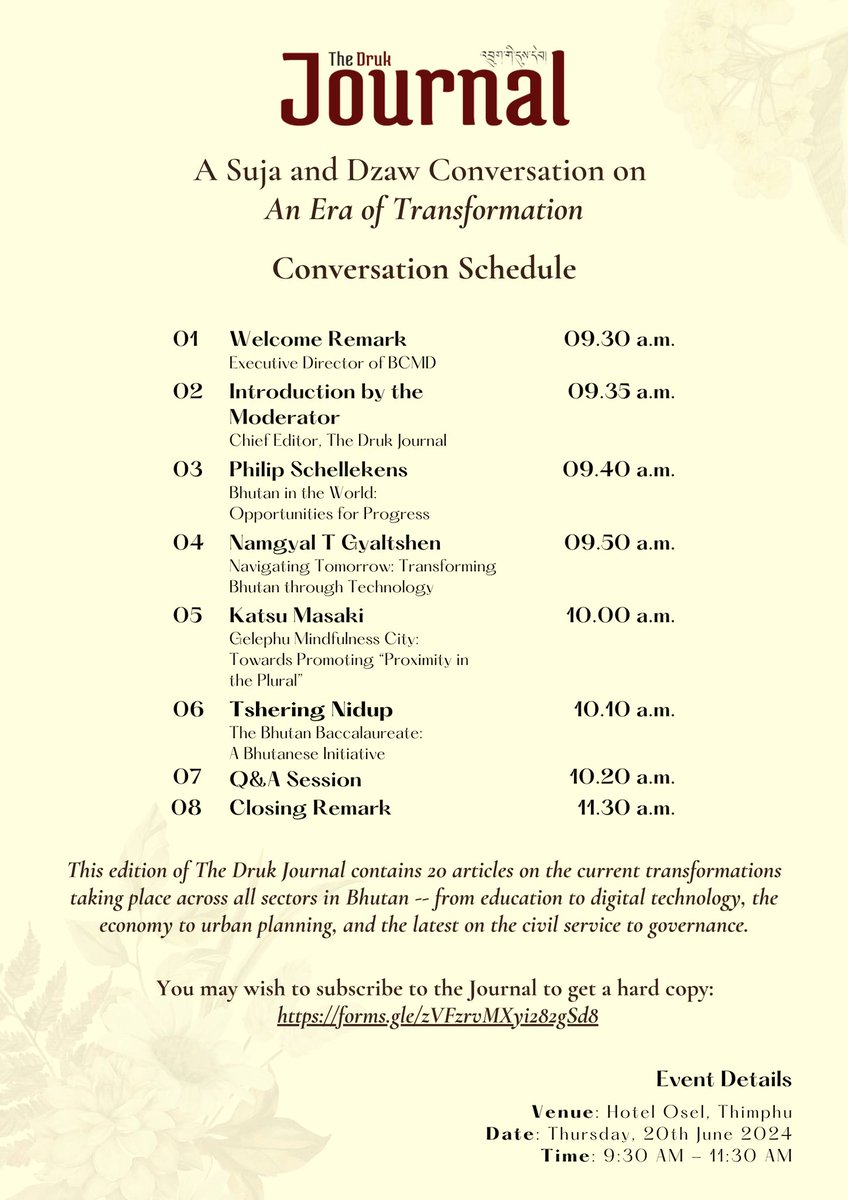 @UNDP_Bhutan (@undp_bhutan) on Twitter photo Join <a href="/Bhutan_CMD/">Bhutan CMD</a> & UNDP for a conversation on the 19th edition of The Druk Journal. Titled "An Era of Transformation", the journal looks at the ongoing transformation taking place in 🇧🇹 across all sectors.
🗓️ 20 June 2024
⏰ 9:30-11:30am
Register: forms.gle/hhaZiqn1jrcxTA…
<a href="/fibke/">Philip Schellekens</a> Join <a href="/Bhutan_CMD/">Bhutan CMD</a> & UNDP for a conversation on the 19th edition of The Druk Journal. Titled "An Era of Transformation", the journal looks at the ongoing transformation taking place in 🇧🇹 across all sectors.
🗓️ 20 June 2024
⏰ 9:30-11:30am
Register: forms.gle/hhaZiqn1jrcxTA…
<a href="/fibke/">Philip Schellekens</a>