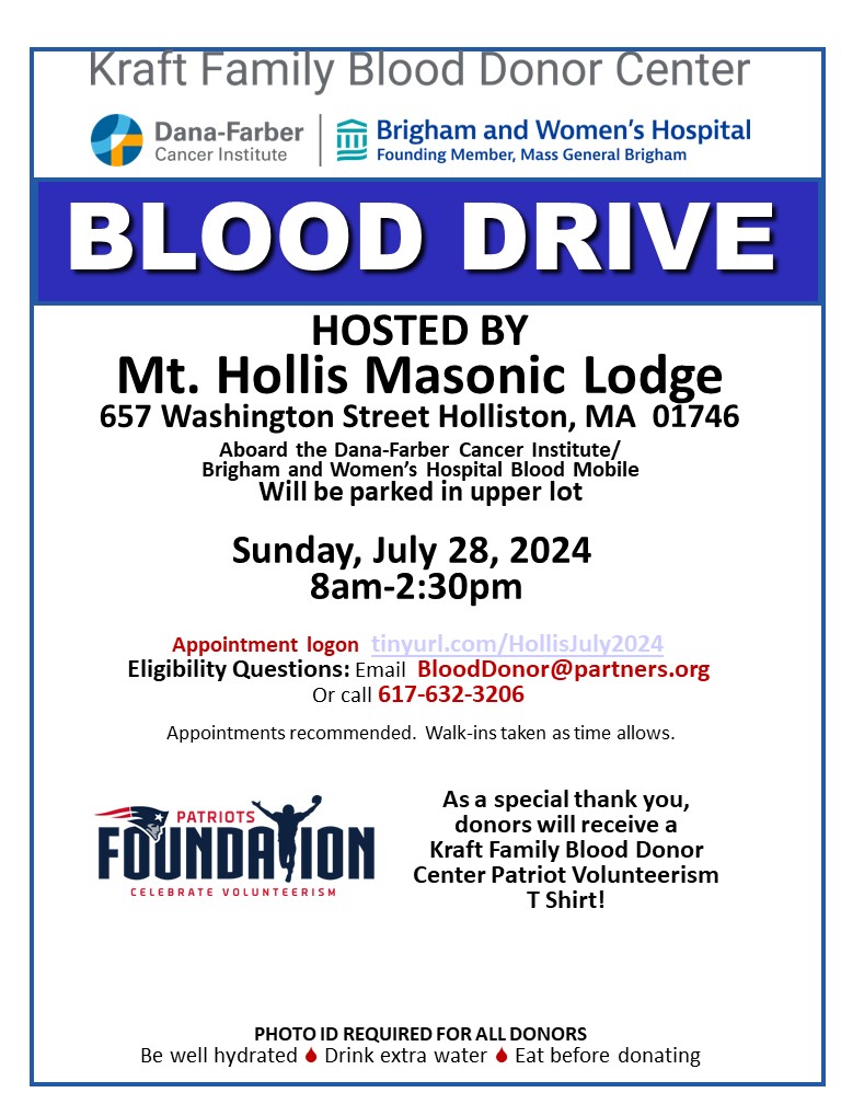 Blood Donors are the lifeline to our local community patients.  Help replenish our hospital blood supply by donating blood today.  Our bloodmobile will be going to Holliston, Sunday, July 28 2024.  Please make an appointment  today.