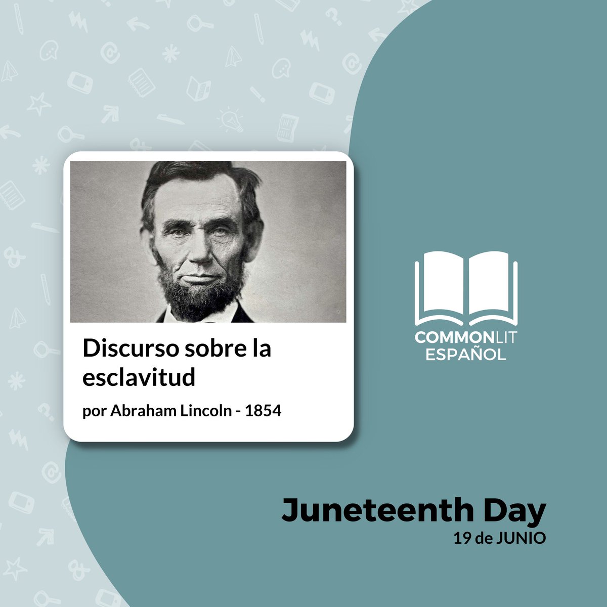 CommonLitES's tweet image. Años después de la Proclamación de Emancipación que emitió Lincoln, se anunció la liberación de los últimos esclavos en Texas, instaurando el Juneteenth Day. 

&quot;Discurso sobre la esclavitud&quot; de Lincoln 👉 bit.ly/45qs2uL 
#Juneteenth2024