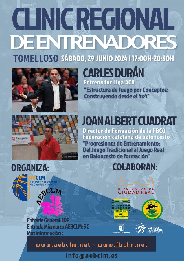 Y aquí lo tenéis llegó el MOMENTO‼️ 

Tomelloso acoge el Clínic Regional 2024 con dos referentes a nivel nacional como Carles Durán y Joan Albert Cuadrat.

👥 Descuento para nuestros  Socios 
📅Sábado 29 de junio
🕋P. San José
+INFO - INSCRIPCIONES👇👇
📰 fbclm.net