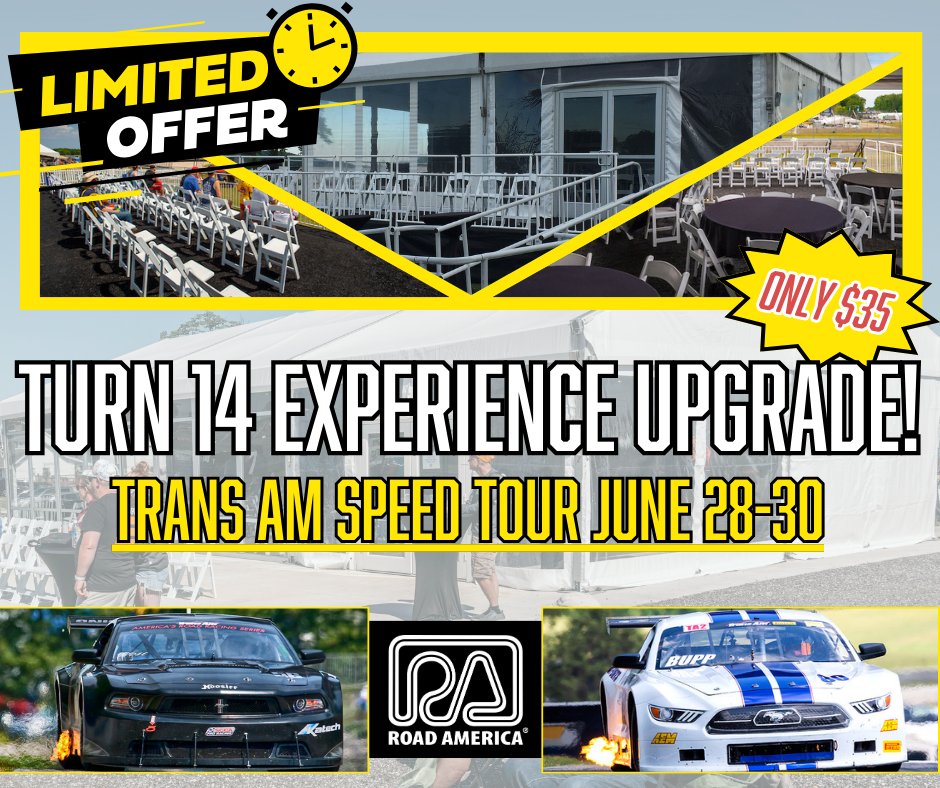 roadamerica's tweet image. Experience the thrill with the best seat in the house, the Turn 14 Experience! For just $35, enjoy a prime track view, an elevated viewing deck, private restrooms, and more. Upgrade today! 🏁 

Ticket Upgrade Here : bit.ly/45v8566

#RoadAmerica #Turn14Experience #TransAm