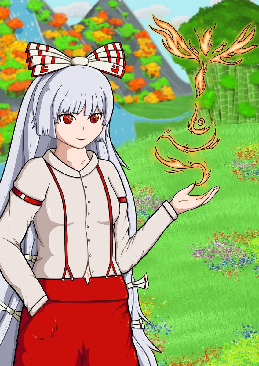 Design3DS's tweet image. More Touhou, and also a background this time!
Been a while since I did any sort of environment and perspective is hard. I do love Mokou’s design though.

#touhouproject 
#Mokou
#藤原妹紅
#東方Project