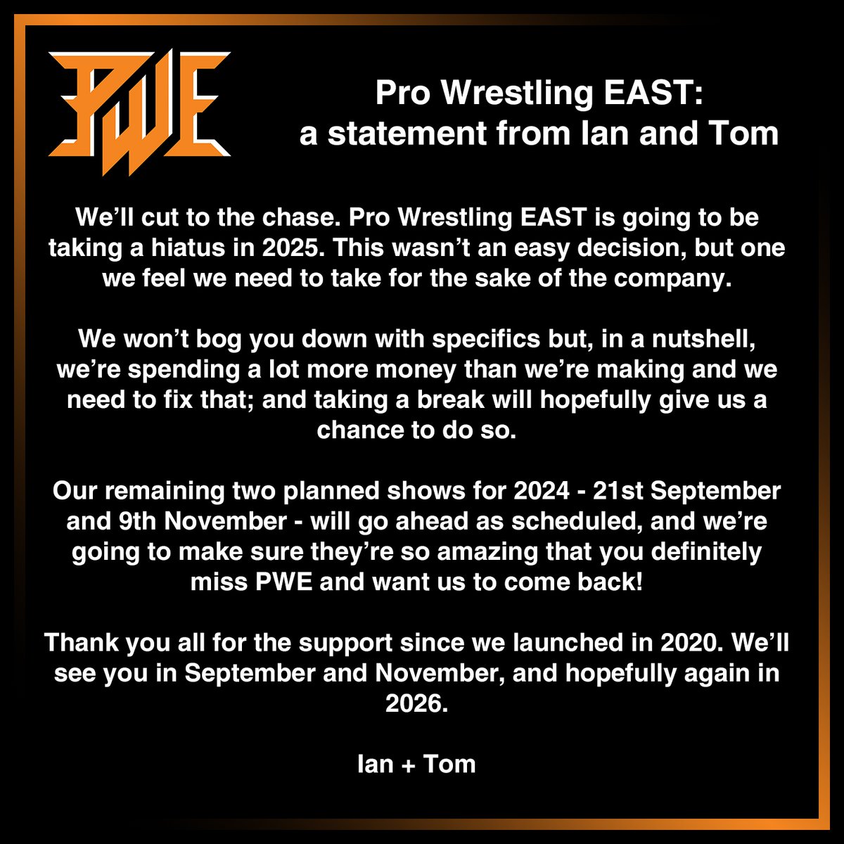 We never wanted to have to say this, but here we are. TL;DR we're going on hiatus AT THE END OF THIS YEAR.

BUT, 21st September and 9th November are both still happening, and both going to be absolutely incredible. Trust us!