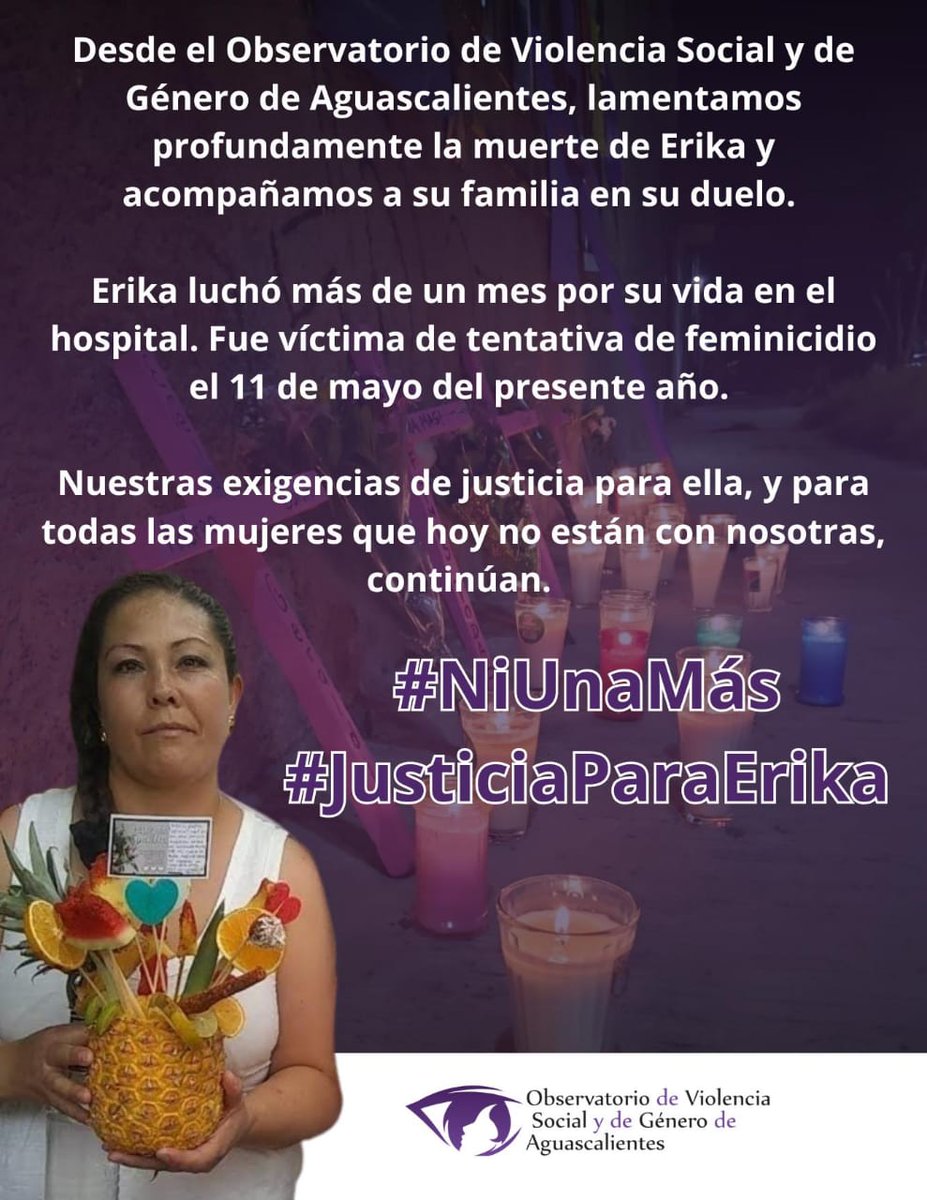 Lamentamos profundamente la muerte de Erika y acompañamos a su familia en su duelo. 
Erika luchó más de un mes por su vida en el hospital. Fue víctima de tentativa de feminicidio el 11 de mayo del presente año. 
Nuestras exigencias de justicia para ella, y para todas las mujeres.