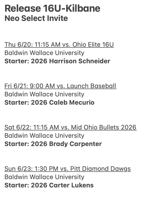 Release Baseball (@releasebaseball) on Twitter photo NEO Select Invite week!
17U-Dick ✅
17U-Jones ✅
16U-Kilbane ✅
#WreakHavoc | <a href="/neoselectinvite/">NEO Select Invite</a> NEO Select Invite week!
17U-Dick ✅
17U-Jones ✅
16U-Kilbane ✅
#WreakHavoc | <a href="/neoselectinvite/">NEO Select Invite</a>