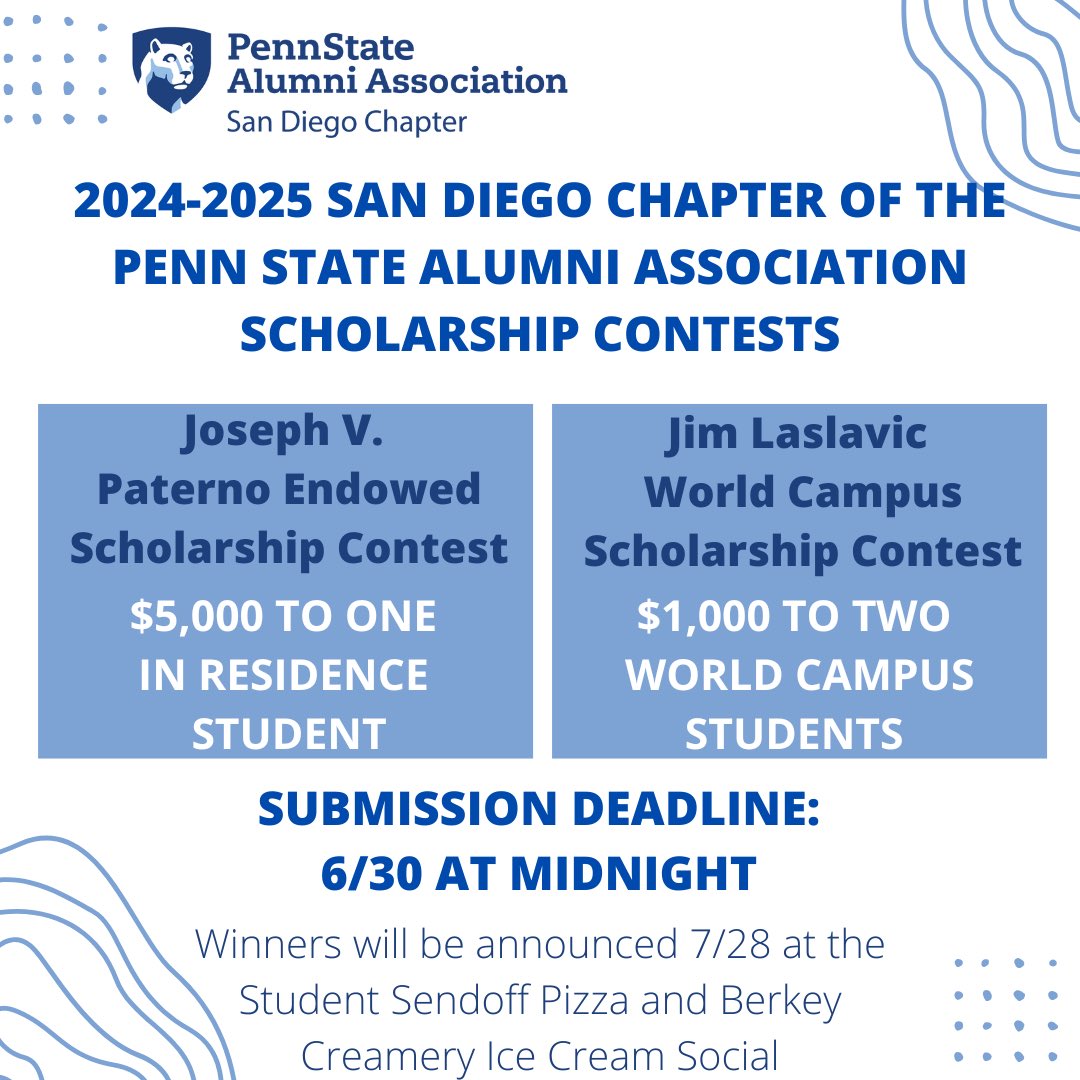 SDPSU's tweet image. Students, check your psu.edu emails! The 2024-2025 San Diego Chapter of the PSAA Scholarship Contest has begun! The deadline is 6/30 at midnight! Winners will be announced at the Student Sendoff on 7/28!