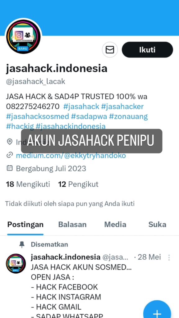 jasahackpen's tweet photo. Jasahack penipu waspada nomor penipu 085709399113&amp; 082275246270
SADAP WHATSAPP PACAR/ISTRI TANPA NOTIFIKASI
MENGEMBALIKAN AKUN  YANG
HILANG, AKUN YANG LUPA KATA SANDI,AKUN YANG DIHACK?
AKUN INSTAGRAM,AKUN GAME,UBAH NILAI, ABSEN,FB,TWITTER DLL
JASAHACK #hackig #jasahack #zonauang https://t.co/6m6DqXpaxq