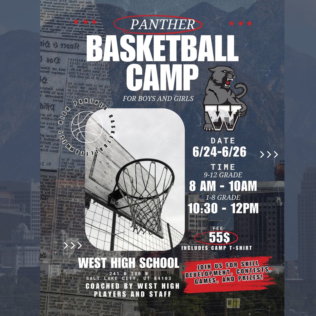 Basketball Camp! 
June 24 - June 26th 
9-12th, 8 am -10 am
1st- 8th 10:30 am- 12 pm
$55 per participant!
West High Fieldhouse
Competitions, games, and prizes
Sign up NOW to get your free T-shirt!!
Proceeds go towards the West High Boys
Basketball program.
gofan.co/event/1538197?…