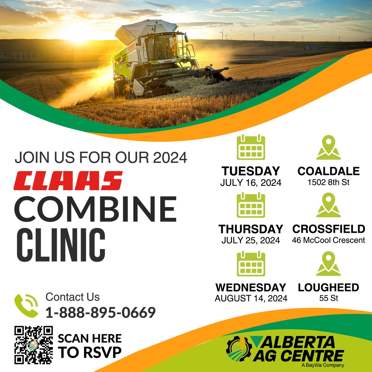 AlbertaAGCentre's tweet photo. We're excited to announce that our 2024 #CLAAS Combine Clinics are kicking off this July! We'll be covering maintenance tips, latest technology updates, and best practices. Secure your spot today by scanning the QR code below, or calling us at 1-888-895-0669. See you there! https://t.co/sBuvGUCf7B