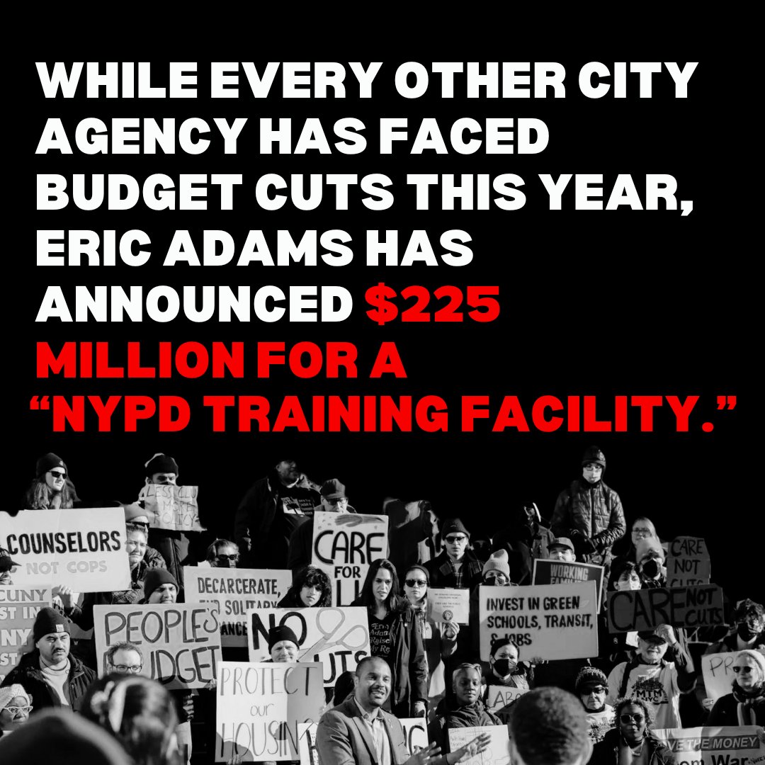 nycDSA's tweet photo. 🚨 Stop Cop City🚨 NYC Council is considering $225M to build Cop City NYC. As critical services face cuts the Mayor wants to funnel our tax dollars to the NYPD!

Council has till 06/30 to vote. Call your councilmember NOW &amp; demand they reject Cop City NYC: https://t.co/ZwKJ3rMjhG https://t.co/H3Vi7YssPL