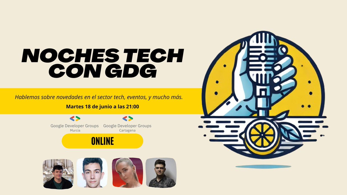 Esta noche volvemos con Noches Tech con GDG donde hablaremos sobre noticias del sector tecnológico y muchas cosas más (también nos reiremos un ratico obviamente 🎉)

🕘 Hoy a las 21:00

🎟️ youtube.com/@gdgmurcia?si=…