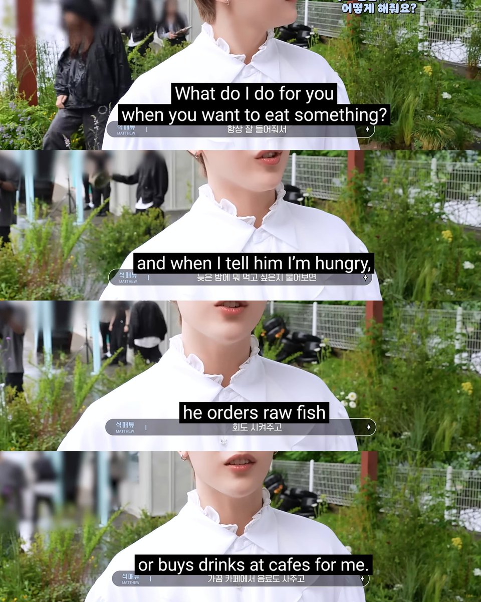 The op asked Jiwoong If one day Matthew is upset what will he do to ease him and he answered "Buy delicious food"! This reminded me when Matthew flexed that Jiwoong is always there when he needs something or want to eat something 🥺🫶🏻