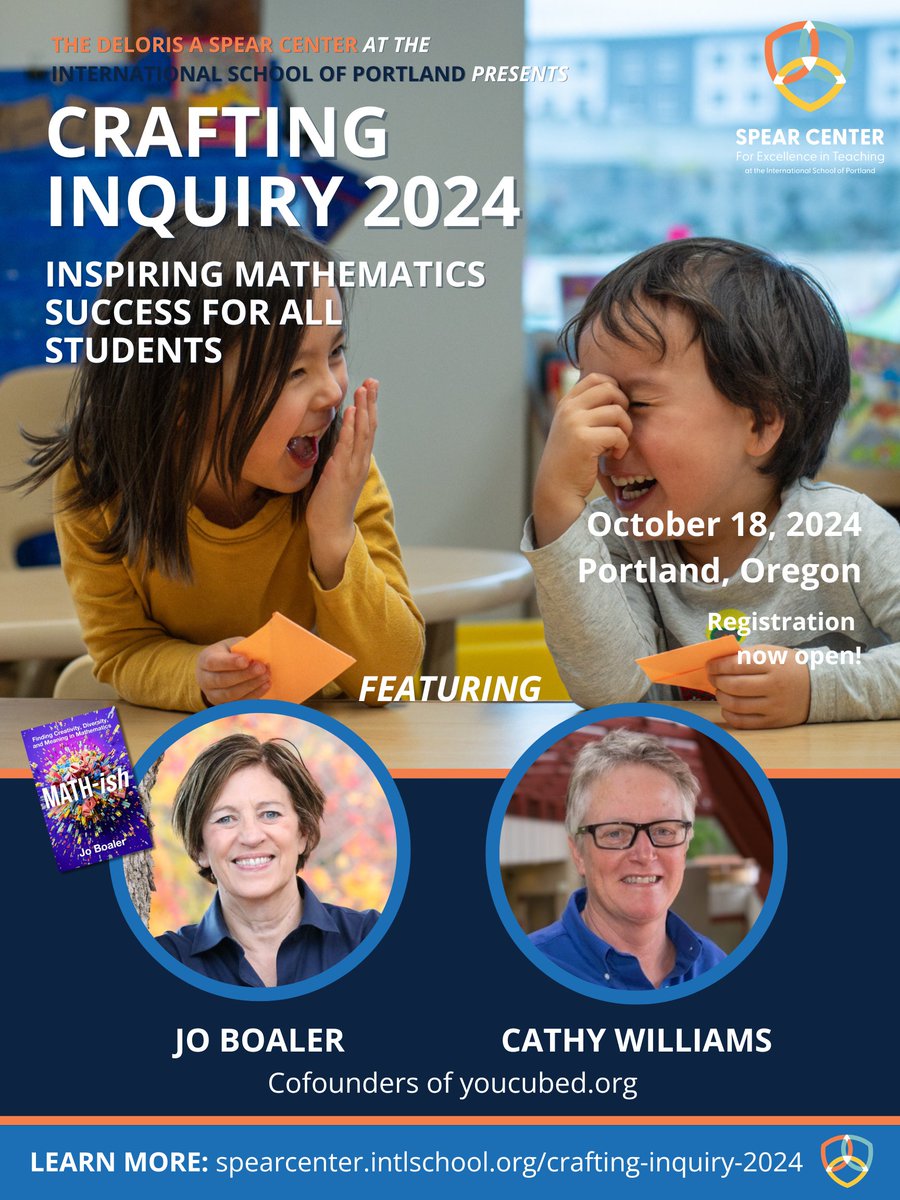 spearcenterpdx's tweet image. We are thrilled to be welcoming @joboaler and Cathy Williams, cofounders of @youcubed, to the Spear Center this October! Registration is now open for Crafting Inquiry 2024. We'll see you in Portland! spearcenter.intlschool.org/general-inform…
#conceptualmath #craftinginquiry #mathish