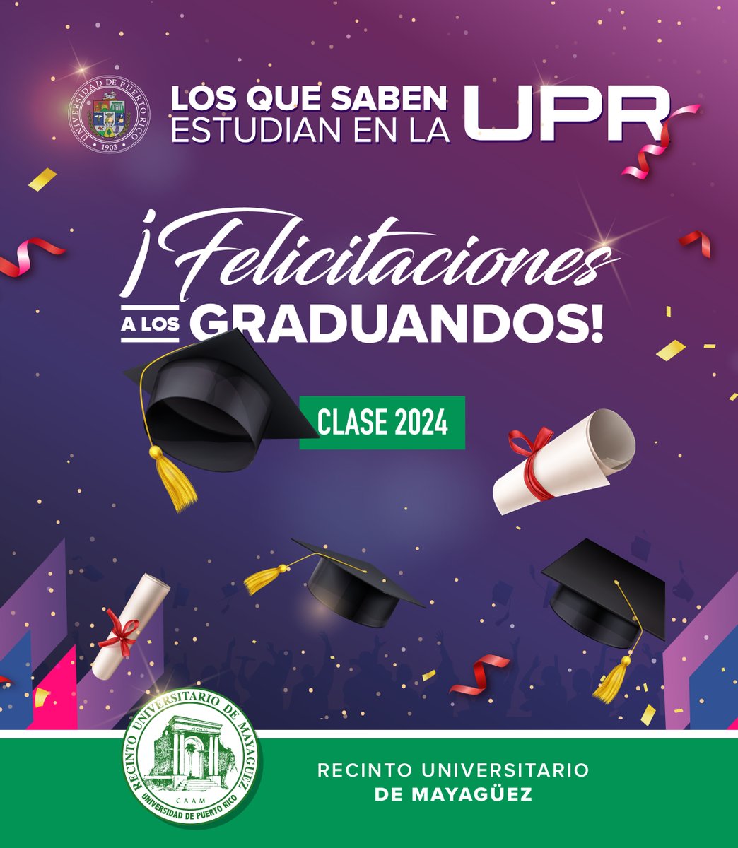 Felicitaciones, estudiantes de la clase 2024 por culminar satisfactoriamente un sueño. Nunca olviden a su “alma mater” la #UPR que los encamina a nuevos retos y oportunidades. Felicitamos a los más de 1,720 profesionales de la <a href="/uprm/">RUM/UPRM</a> que hoy y mañana se gradúan.

¡Enhorabuena! 🎓