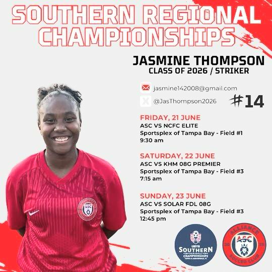 JasThompson2026's tweet image. My schedule for the @USYouthSoccer Southern Regional Championships in Tampa, FL! So excited! Coaches - hope to see you at our games!
@ImYouthSoccer @ImCollegeSoccer @SoccerMomInt @TopDrawerSoccer @TheSoccerWire @AllianceSC_08G @jtownsoccer @NEGARecruits @onlyGplatform