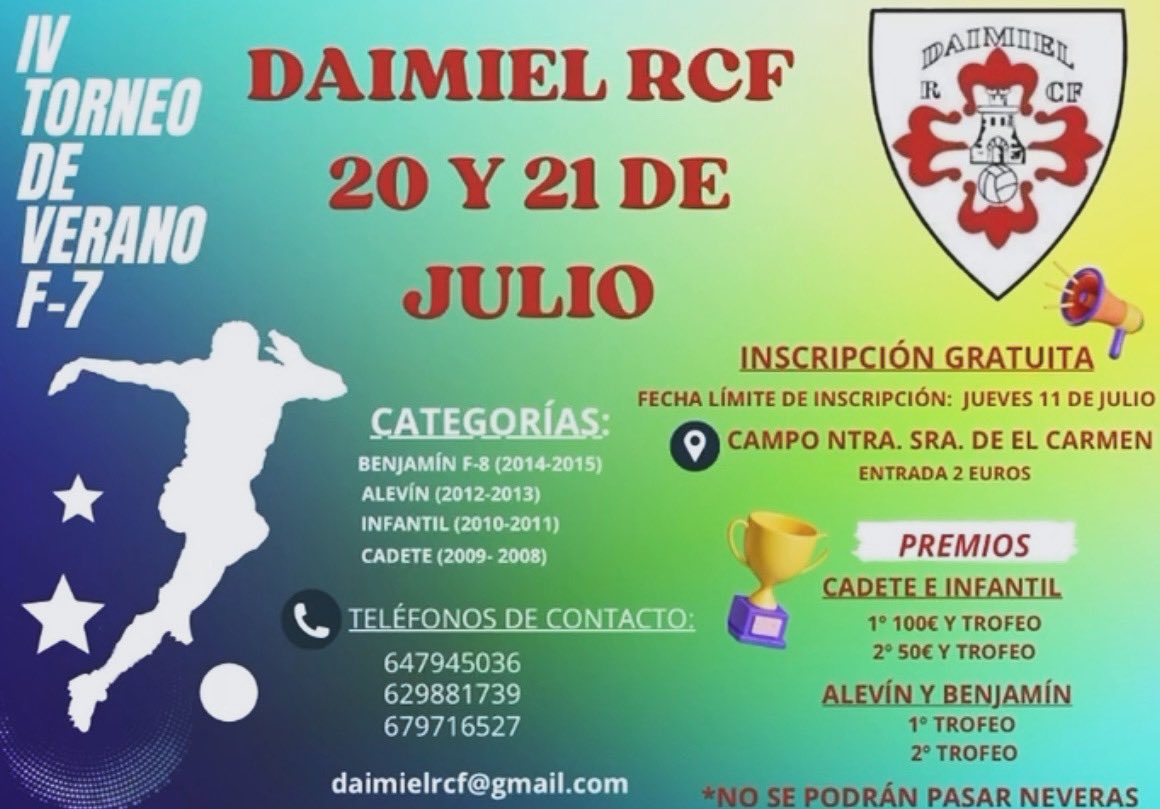 ¡𝐘𝐀 𝐋𝐎 𝐓𝐄𝐍𝐄𝐌𝐎𝐒 𝐀𝐐𝐔𝐈́!

El Daimiel RCF organiza el 𝑰𝑽 𝑻𝑶𝑹𝑵𝑬𝑶 de 𝑽𝑬𝑹𝑨𝑵𝑶☀️de 𝔽𝕌́𝕋𝔹𝕆𝕃 𝟟 ⚽️.

Entre el 20 y 21 de julio, el estadio 🏟️ Ntra. Señora del Carmen disfrutará de las grandes y jóvenes promesas de nuestro deporte.
